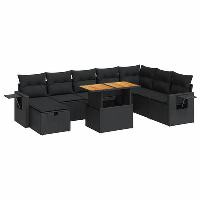 9 Piece Garden Sofa Set with Cushions Black Poly Rattan Acacia Payday Deals