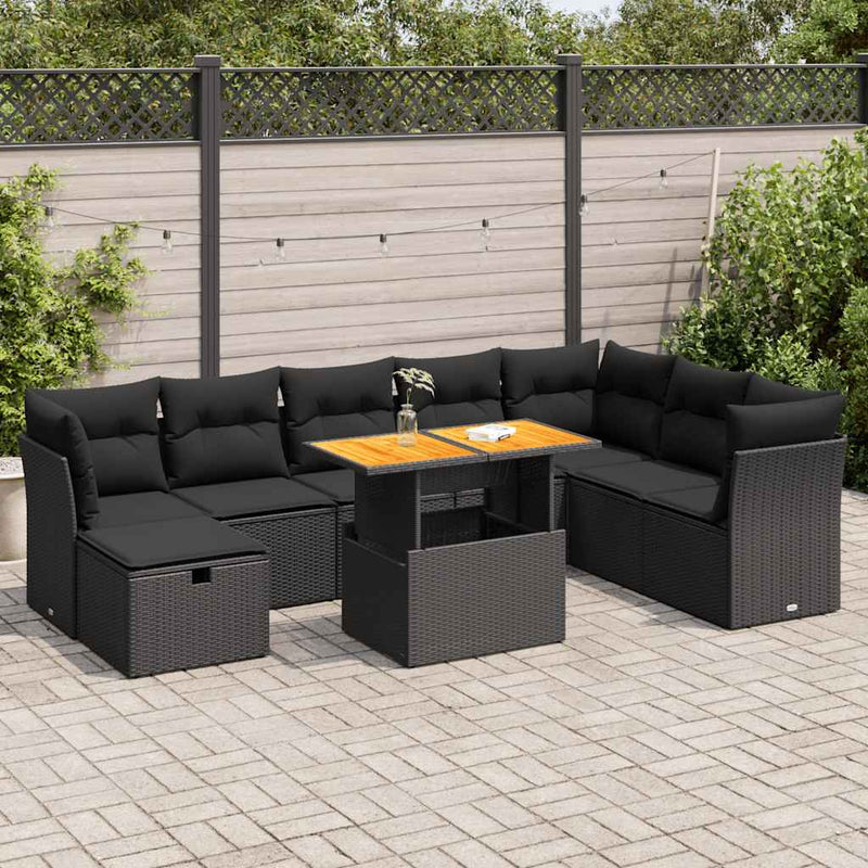 9 Piece Garden Sofa Set with Cushions Black Poly Rattan Acacia Payday Deals
