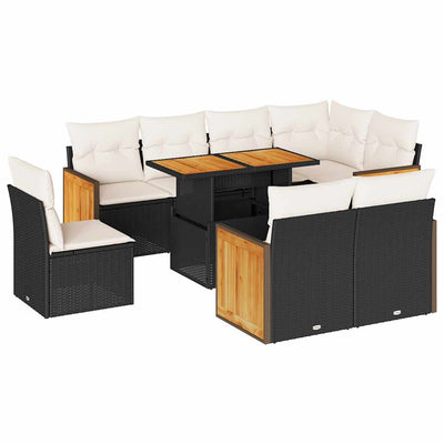 9 Piece Garden Sofa Set with Cushions Black Poly Rattan Acacia Payday Deals