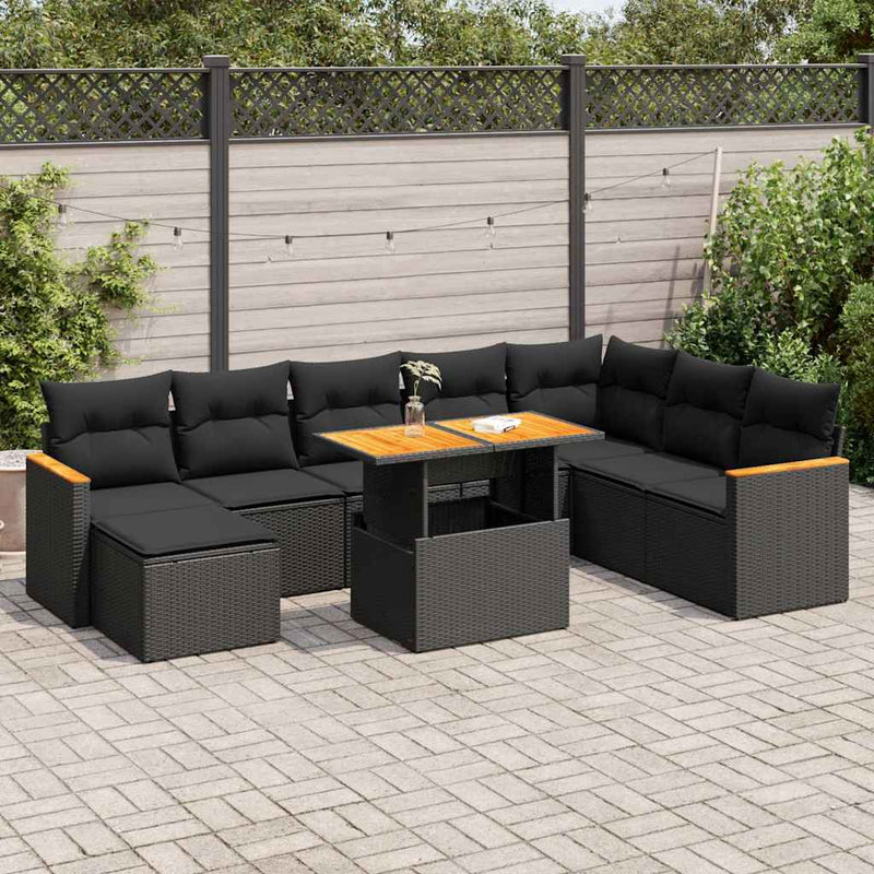 9 Piece Garden Sofa Set with Cushions Black Poly Rattan Acacia Payday Deals