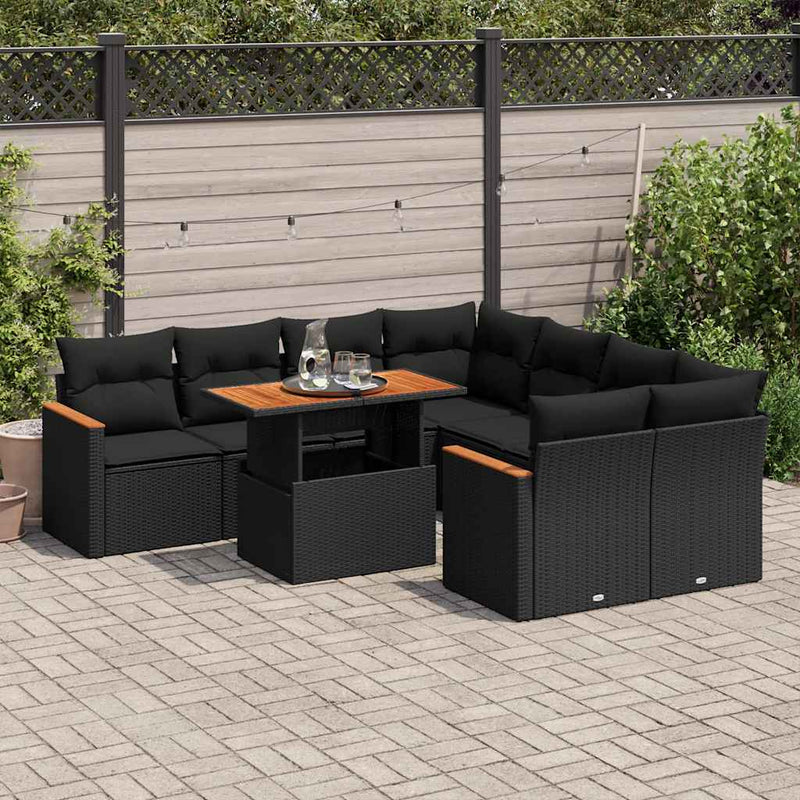 9 Piece Garden Sofa Set with Cushions Black Poly Rattan Acacia Payday Deals