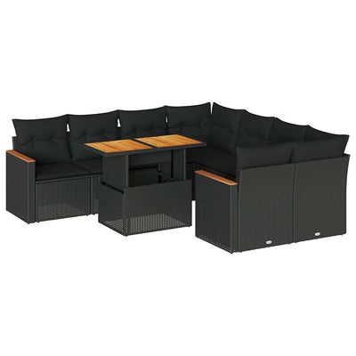 9 Piece Garden Sofa Set with Cushions Black Poly Rattan Acacia Payday Deals