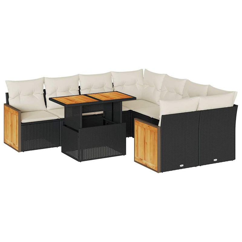 9 Piece Garden Sofa Set with Cushions Black Poly Rattan Acacia Payday Deals