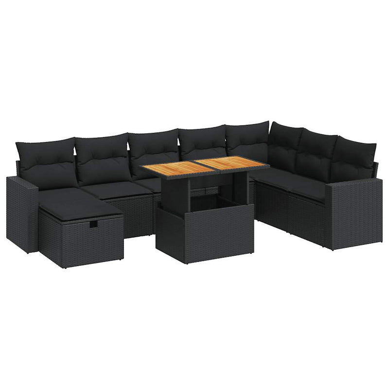 9 Piece Garden Sofa Set with Cushions Black Poly Rattan Acacia Payday Deals