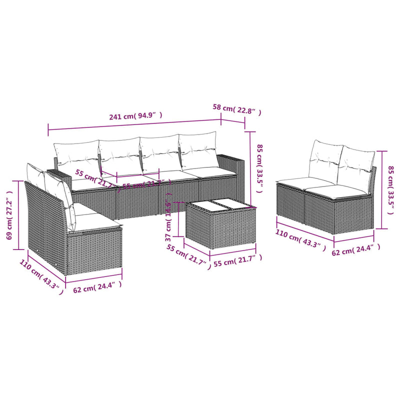 9 Piece Garden Sofa Set with Cushions Grey Poly Rattan Payday Deals