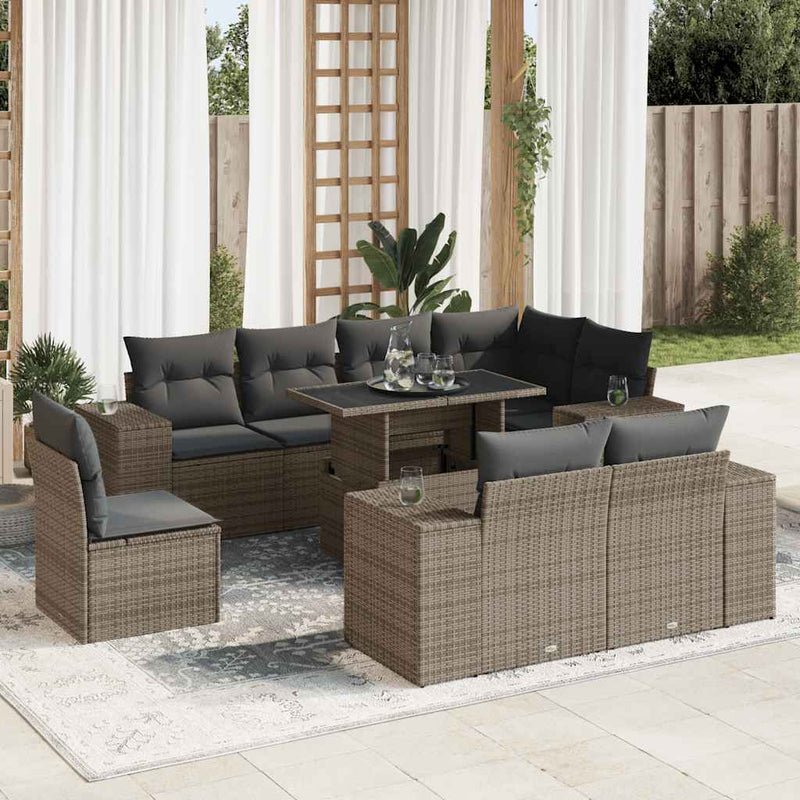 9 Piece Garden Sofa Set with Cushions Grey Poly Rattan Payday Deals