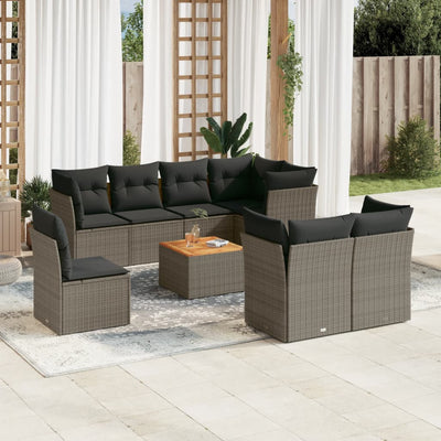 9 Piece Garden Sofa Set with Cushions Grey Poly Rattan