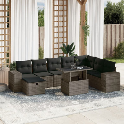 9 Piece Garden Sofa Set with Cushions Grey Poly Rattan