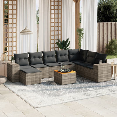 9 Piece Garden Sofa Set with Cushions Grey Poly Rattan