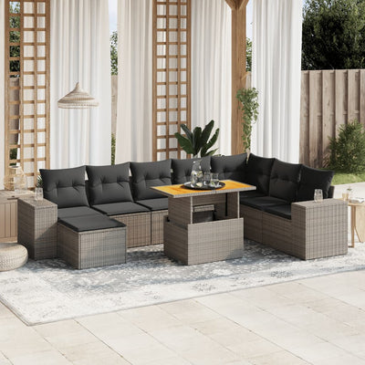 9 Piece Garden Sofa Set with Cushions Grey Poly Rattan