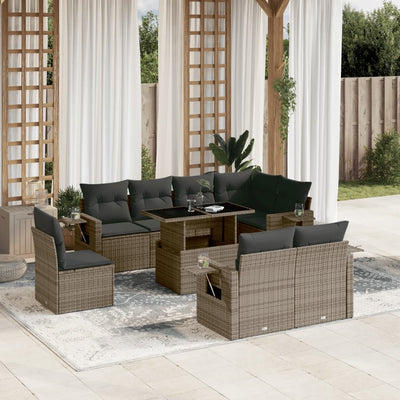 9 Piece Garden Sofa Set with Cushions Grey Poly Rattan