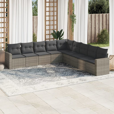 9 Piece Garden Sofa Set with Cushions Grey Poly Rattan