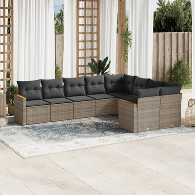 9 Piece Garden Sofa Set with Cushions Grey Poly Rattan