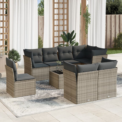 9 Piece Garden Sofa Set with Cushions Grey Poly Rattan