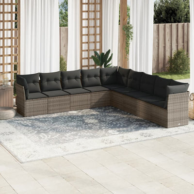 9 Piece Garden Sofa Set with Cushions Grey Poly Rattan