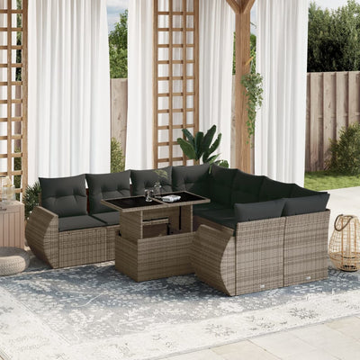 9 Piece Garden Sofa Set with Cushions Grey Poly Rattan