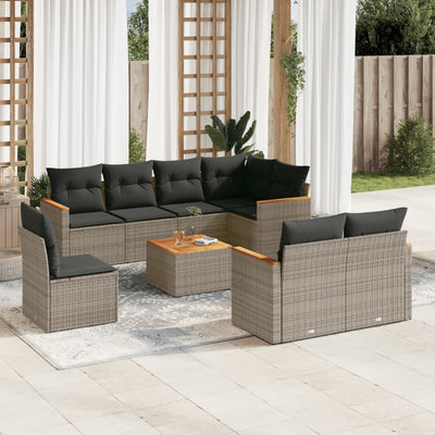 9 Piece Garden Sofa Set with Cushions Grey Poly Rattan