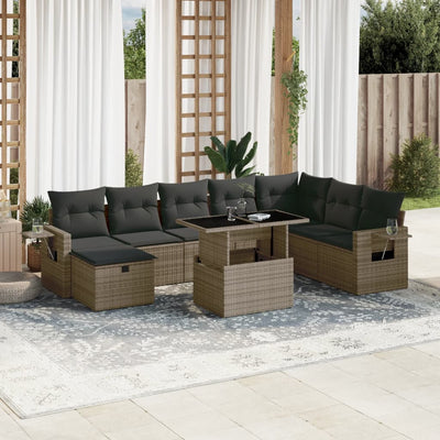 9 Piece Garden Sofa Set with Cushions Grey Poly Rattan