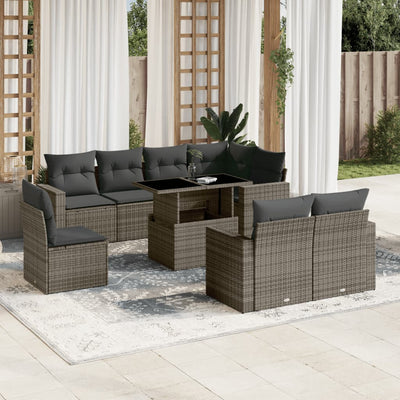 9 Piece Garden Sofa Set with Cushions Grey Poly Rattan