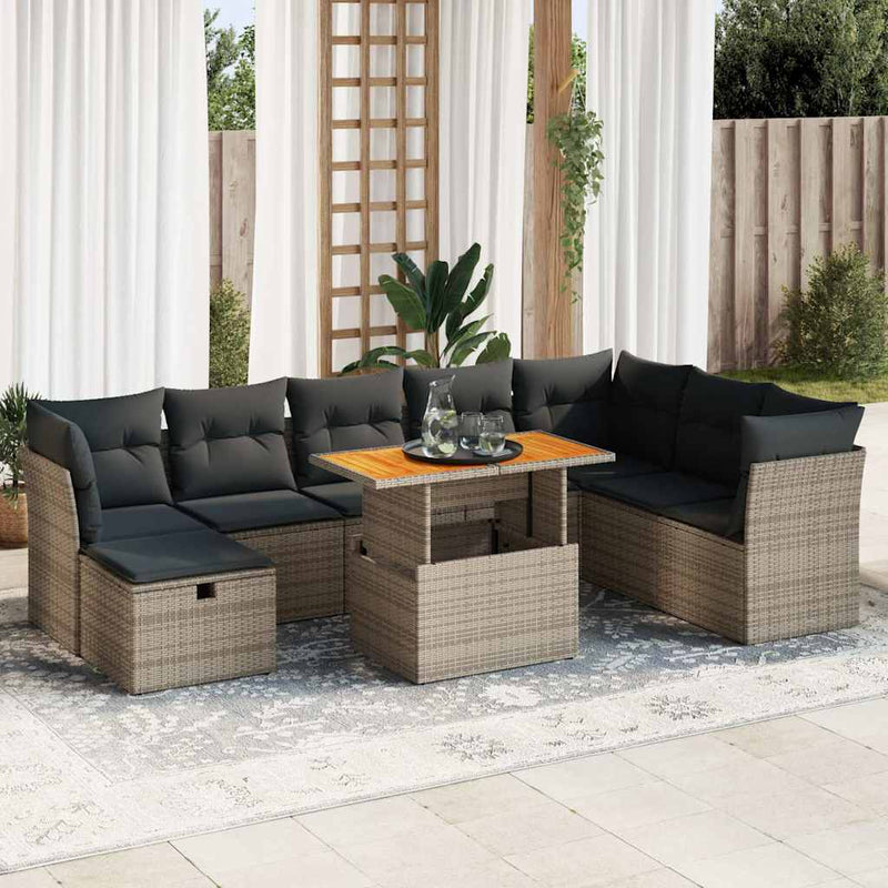 9 Piece Garden Sofa Set with Cushions Grey Poly Rattan Acacia Payday Deals