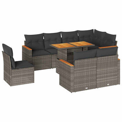 9 Piece Garden Sofa Set with Cushions Grey Poly Rattan Acacia Payday Deals