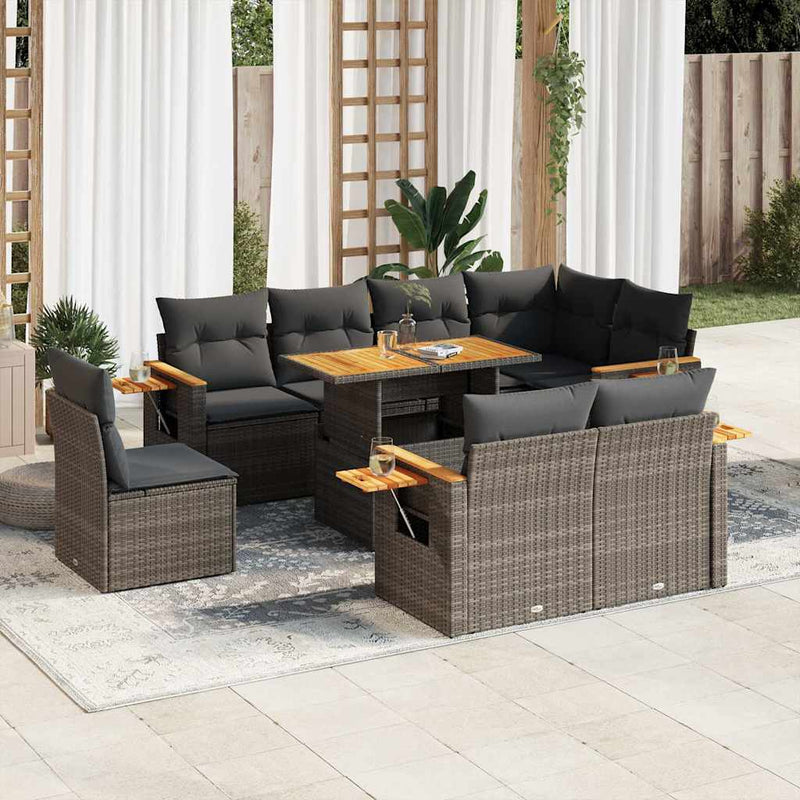 9 Piece Garden Sofa Set with Cushions Grey Poly Rattan Acacia Payday Deals