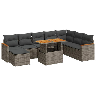 9 Piece Garden Sofa Set with Cushions Grey Poly Rattan Acacia Payday Deals