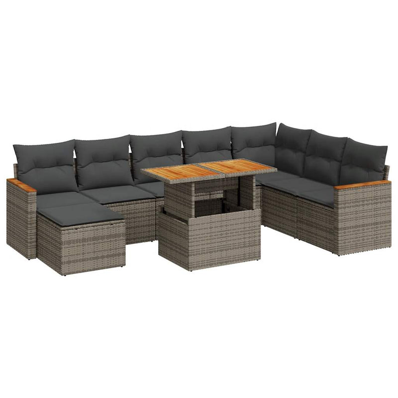 9 Piece Garden Sofa Set with Cushions Grey Poly Rattan Acacia Payday Deals