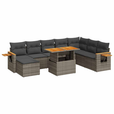 9 Piece Garden Sofa Set with Cushions Grey Poly Rattan Acacia Payday Deals
