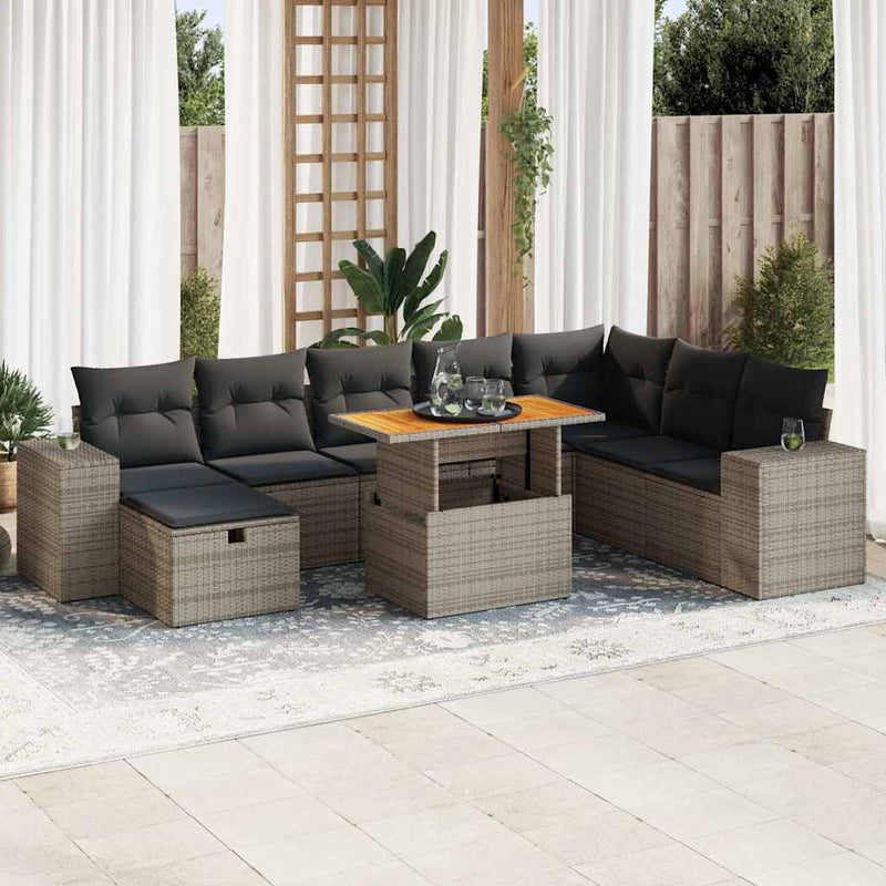 9 Piece Garden Sofa Set with Cushions Grey Poly Rattan Acacia Payday Deals