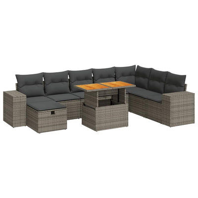 9 Piece Garden Sofa Set with Cushions Grey Poly Rattan Acacia Payday Deals