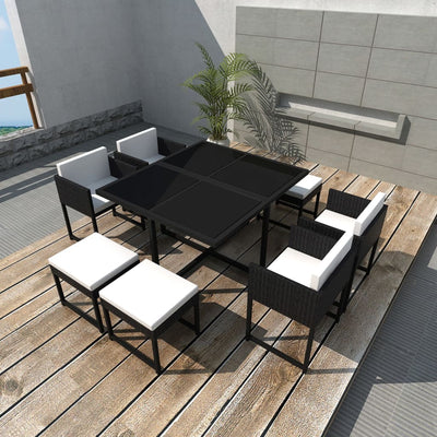 9 Piece Outdoor Dining Set with Cushions Poly Rattan Black Payday Deals