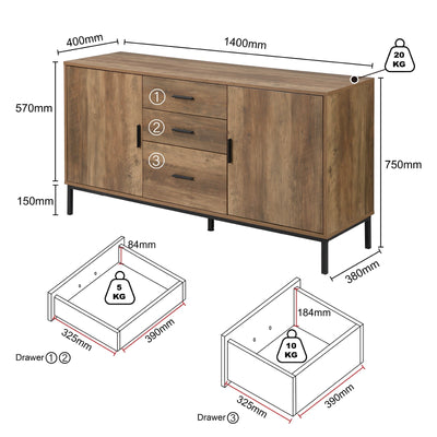 Bronx Buffet Sideboard Console Table with Dresser | 2 Doors 3 Drawers 140CM for Stylish Storage Cabinet