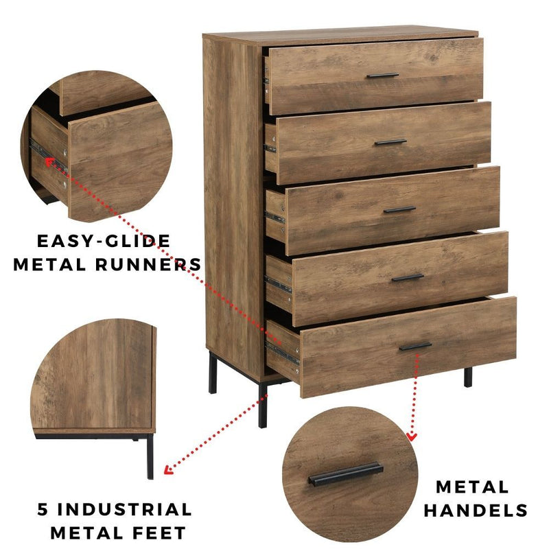 Bronx 4 Piece Storage Bundle | Tall Chest Wardrobe, 5 Drawer Chest of Drawers Dresser, 2 Drawer Bedside Table, and Pet End Table