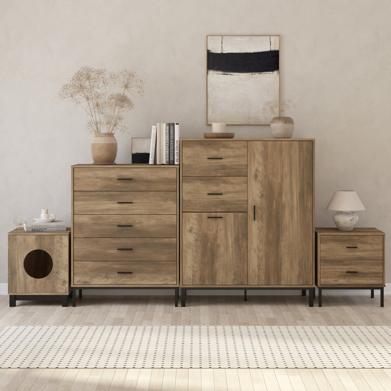 Bronx 4 Piece Storage Bundle | Tall Chest Wardrobe, 5 Drawer Chest of Drawers Dresser, 2 Drawer Bedside Table, and Pet End Table