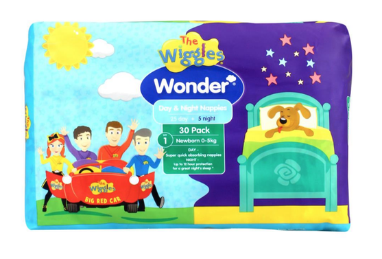 Wonder Pk30 the Wiggles Day & Night Nappies Newborn 0 - 5 Kg Size 1