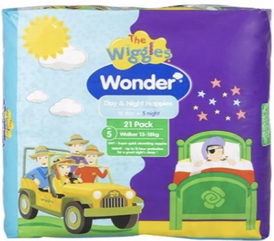 1 Pack of 21 The Wiggles Wonder Day & Night Nappies Walker - 13-18kg - Size 5