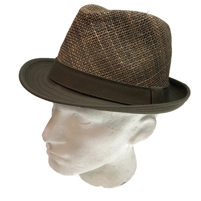 NATURAL STRAW HAT Trilby Fedora Vented w Canvas Brim Summer Sun Cap