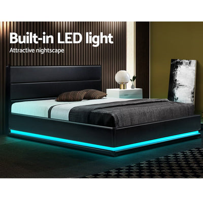 Artiss Bed Frame Double Size LED Gas Lift Black LUMI