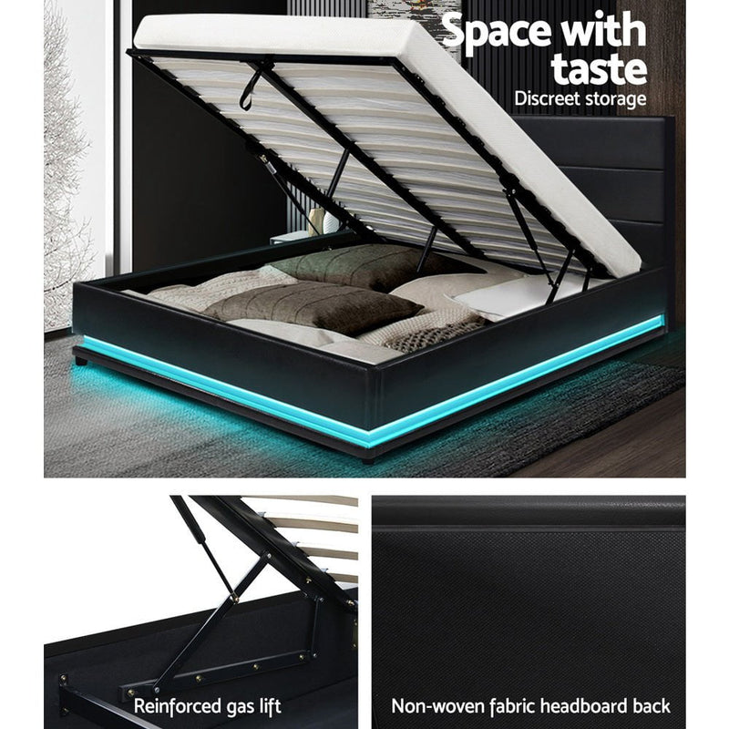 Artiss Bed Frame Double Size LED Gas Lift Black LUMI