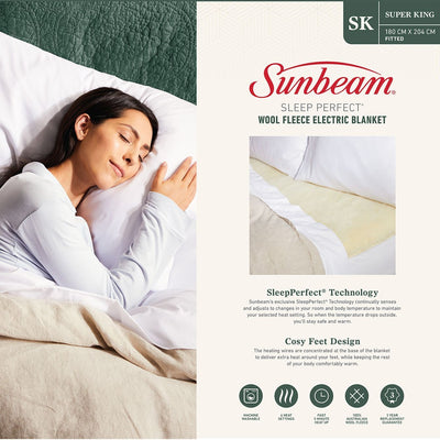 Sunbeam Sleep Perfect Super King Bed Wool Fleece Heated Blanket