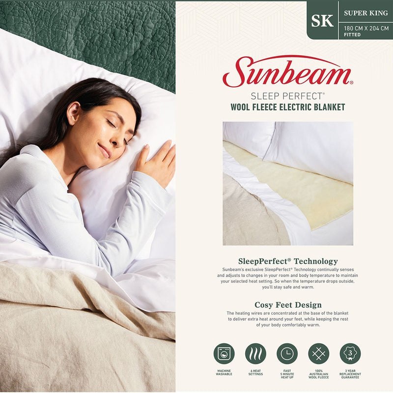 Sunbeam Sleep Perfect Super King Bed Wool Fleece Heated Blanket