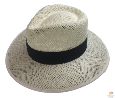 White O/Weave STRAW PANAMA HAT w Band Fedora Sun Protection Material Under 2297 - Black Band - XL