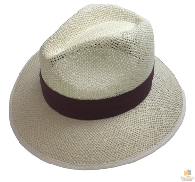White O/Weave STRAW PANAMA HAT w Band Fedora Sun Protection Material Under 2297 - Burgundy Band - XL
