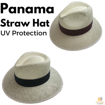 White O/Weave STRAW PANAMA HAT w Band Fedora Sun Protection Material Under 2297 - Navy Band - M