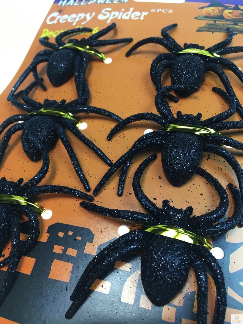 6x Halloween GLITTER SPIDERS Spooky Party Decoration Horror BULK