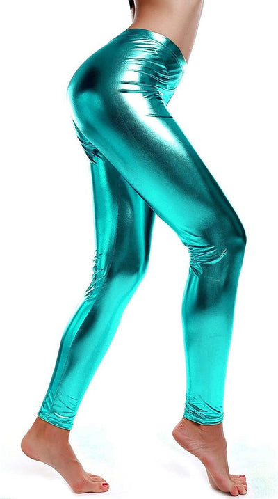 Metallic Leggings Stretchy Pants Neon Fluro Shiny Glossy Dress Up Dance Party - Light Blue