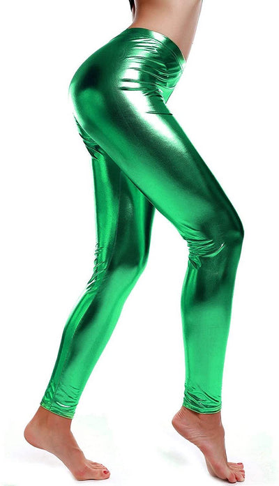 DELUXE METALLIC LEGGINGS Shiny Neon Stretch Dance Costume Fancy Dress Sexy Party - Green