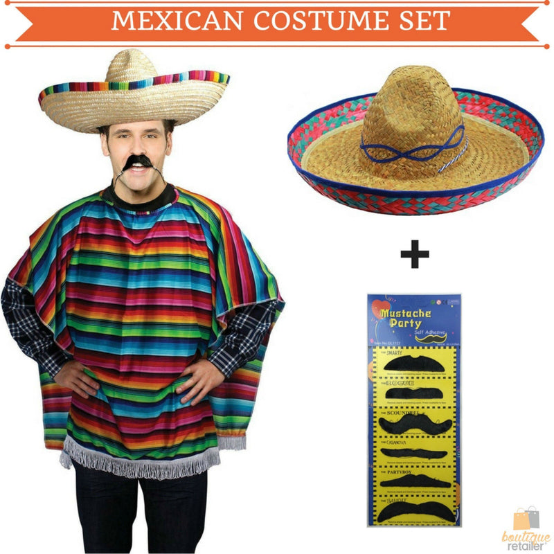 MEXICAN PONCHO & SOMBRERO SET Costume Wild West Moustache Cowboy Bandit Party