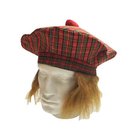 SCOTTISH HAT Tam O'Shanter Fancy Dress Costume with Hair Tartan Cap Party